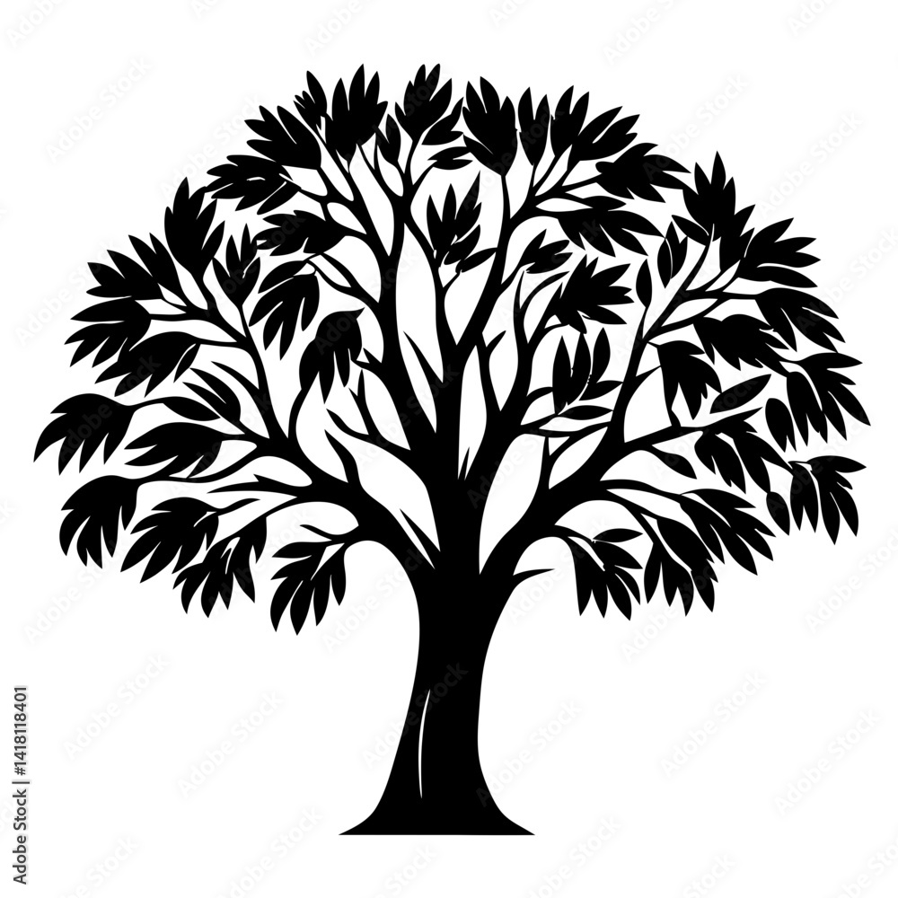 Obraz premium Black Silhouette of a Lush Tree with Many Branches and Leaves