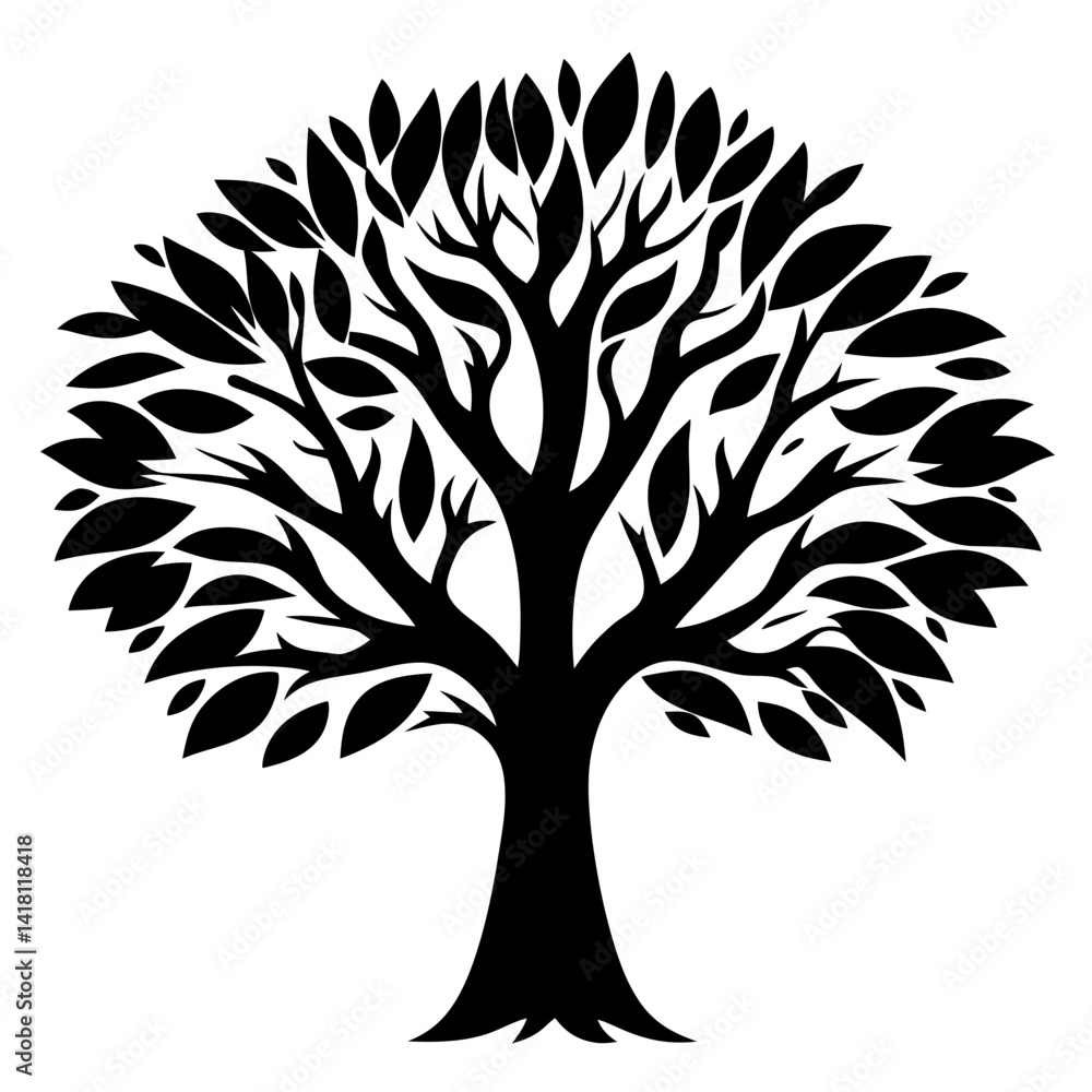 Obraz premium Monochrome silhouette of a stylized tree with leaves, branches and trunk