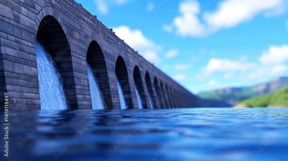 Cascading water flows through a series of stone arches at a dam, reflecting the clear blue sky and surrounding greenery on a bright sunny day