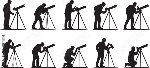 Astronomy Silhouette Set Telescope Observation Night Sky Stargazing Space Exploration Black Vector Illustration