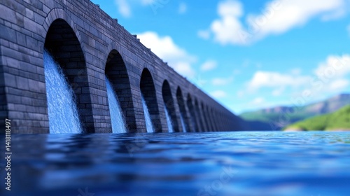 Obraz na płótnie Cascading water flows through a series of stone arches at a dam, reflecting the clear blue sky and surrounding greenery on a bright sunny day w salonie