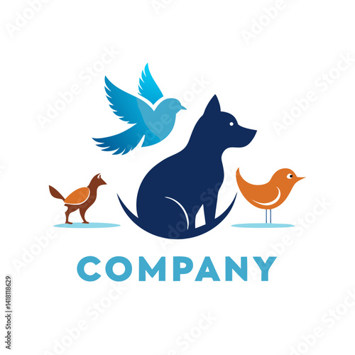 Pet care brand logo featuring dog and birds