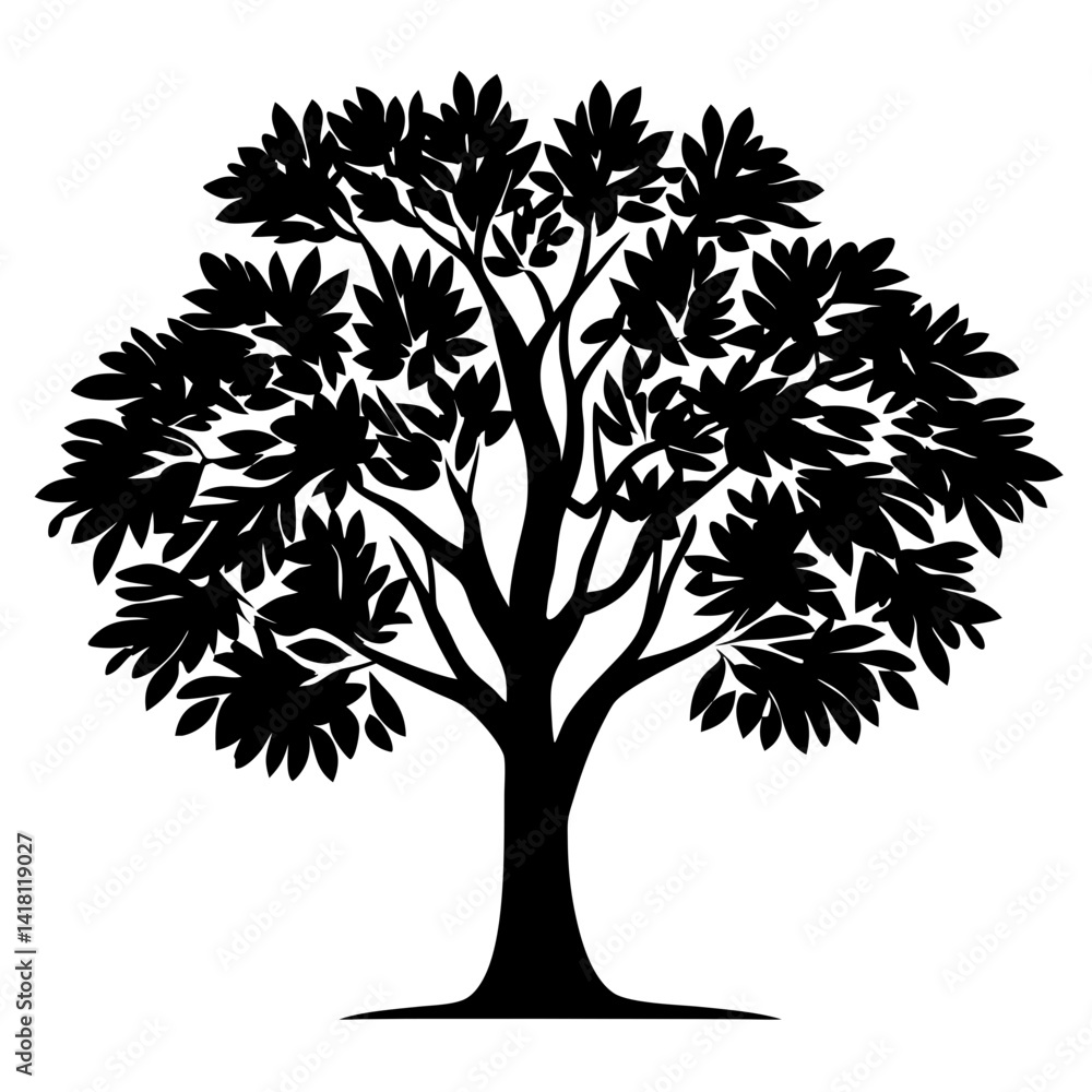 Obraz premium Stylized silhouette of a leafy tree with branches against a white background