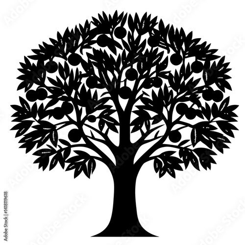 Abstract stylized fruit tree silhouette with dense leaves and abundant fruits