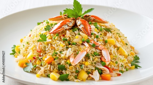 Vibrant crab fried rice garnished with fresh herbs, colorful vegetables, and served with a slice of lime and a dipping sauce in a white bowl