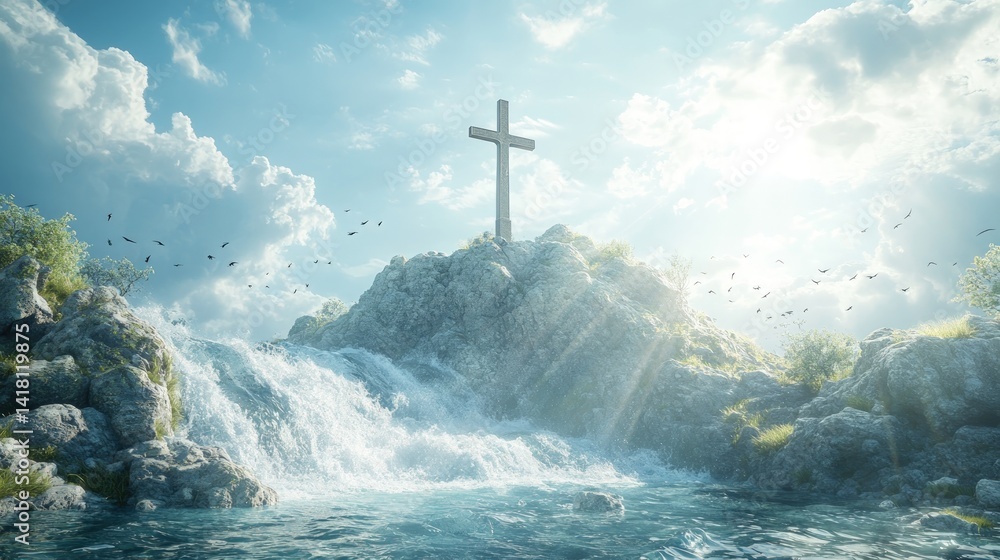 Naklejka premium Cross atop a mountain with a waterfall