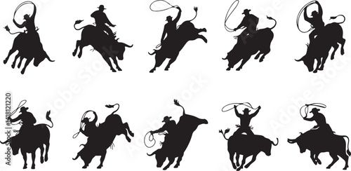 Bull Rider Silhouette Set Rodeo Action Cowboy Lasso Extreme Sport Western Adventure Black Vector Illustration