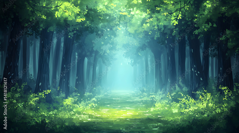 Obraz premium Enigmatic forest path bathed in a gentle light beckons through dark trees and lush greenery Natures tranquility a s