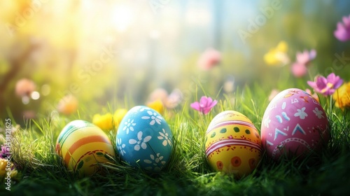 Colorful eggs in meadow