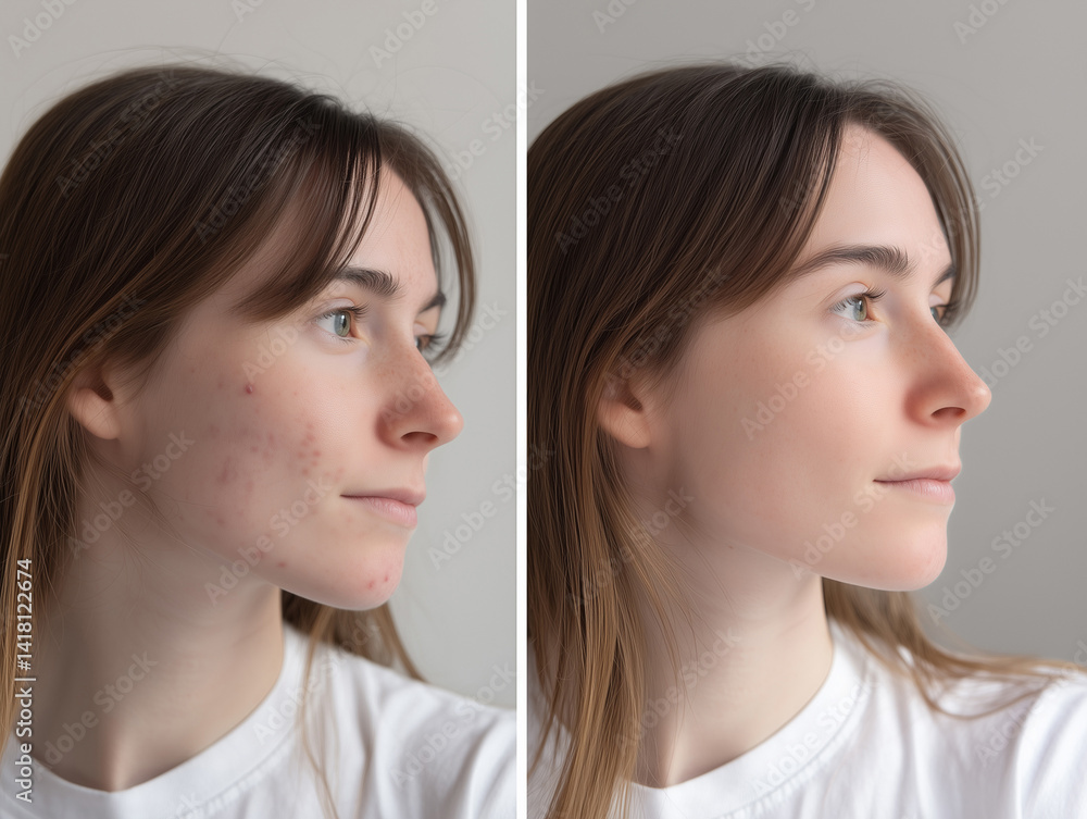 Before and after acne treatment of a young woman on a neutral background. Before and after acne treatment of a young woman on a neutral background.