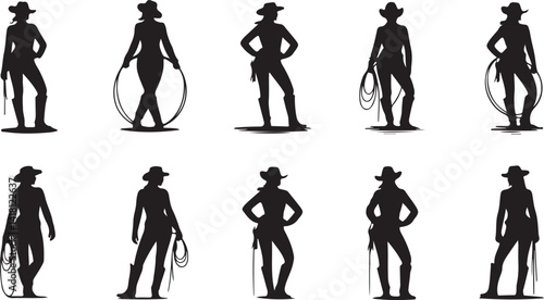 Cowgirl Silhouette Set Western Lasso Rodeo Female Cowboy Hat Boots Action Pose Black Vector Illustration
