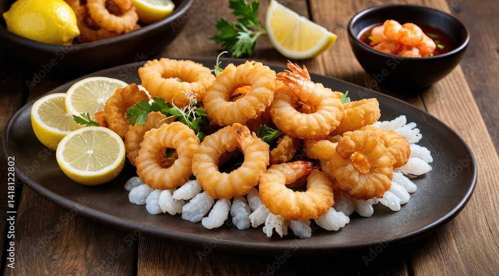 Golden fried calamari and shrimp garnished with lemon wedges and parsley are artfully arranged on a wooden plate, accompanied by dipping sauces on the side Golden fried calamari and shrimp garnished with lemon wedges and parsley are artfully arranged on a wooden plate, accompanied by dipping sauces on the side