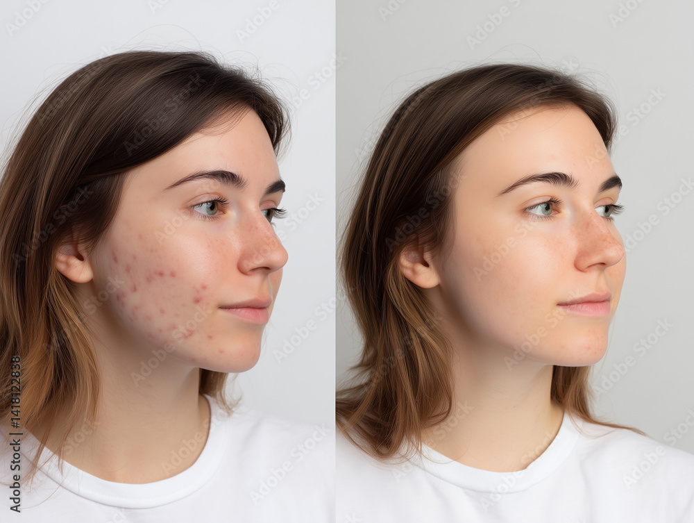 Before and after acne treatment of a young woman on a neutral background. Before and after acne treatment of a young woman on a neutral background.