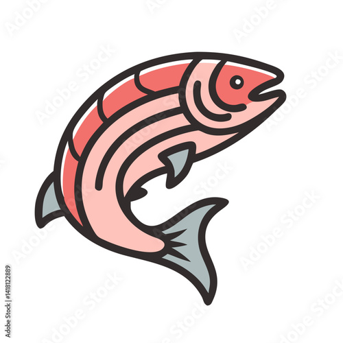 Leaping salmon illustration against black background with bold outline