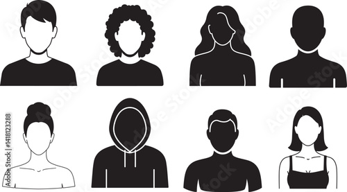 Set of 8 Flat Full Black Vector Avatar Silhouettes Showing Front-Facing Minimalist Half-Body Icons in Different Hairstyles and Outfits for Profile or Interface Design