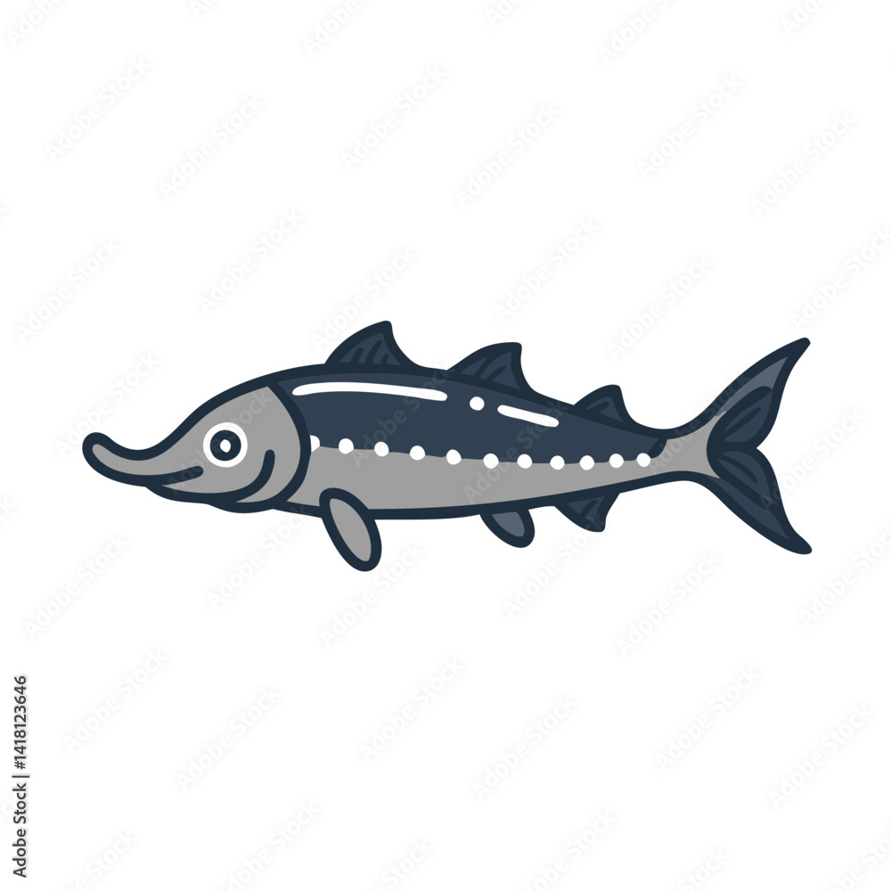 Fototapeta premium Cute Cartoon Sturgeon Vector Illustration Against Black Background