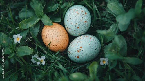 Colorful eggs in meadow