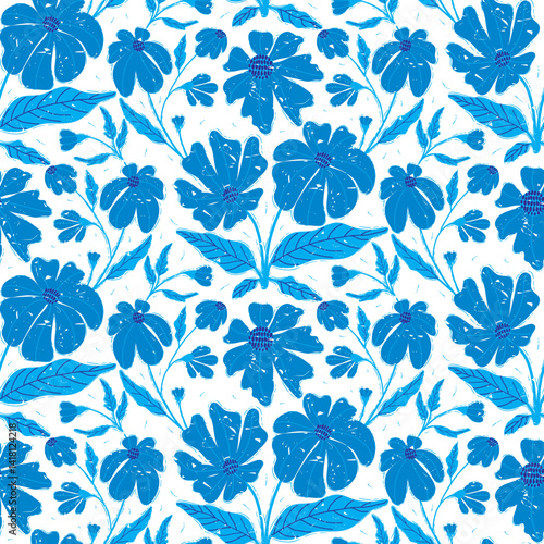 Seamless floral block print happen in monochromatic blue