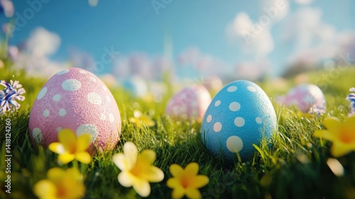 Colorful eggs in meadow