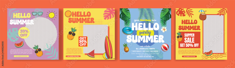 Naklejka premium Set of Editable social media post, banner for summer sale discount offer advertising bundle, summer beach pool party square flyer or poster bundle with summer tropical web banner background
