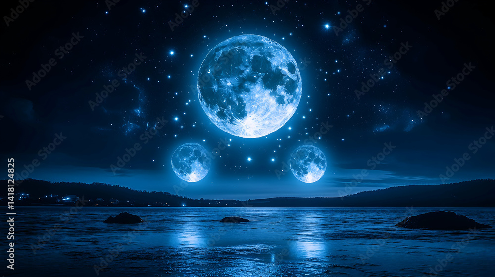 Three moons illuminate the serene waters stars twinkle Night sky over the reflective sea near hilly shores in an unrea Three moons illuminate the serene waters stars twinkle Night sky over the reflective sea near hilly shores in an unrea