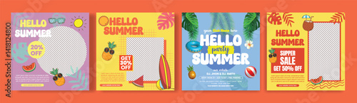 Set of Editable social media post, banner for summer sale discount offer advertising bundle, summer beach pool party square flyer or poster bundle with summer tropical web banner background