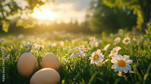 Colorful eggs in meadow