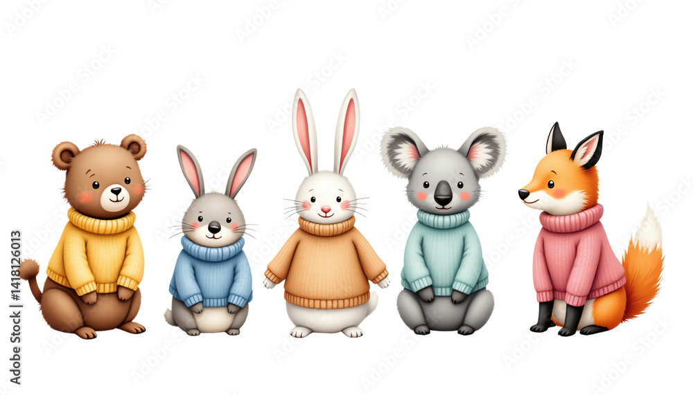 Cute animal friends in colorful sweaters. Cute animal friends in colorful sweaters.