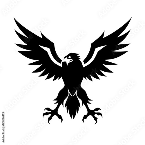 A black vector silhouette depicts an eagle, its powerful wings spread wide in flight, a tribal symbol of a majestic bird