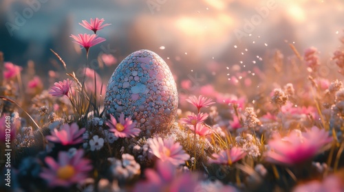 Colorful eggs in meadow