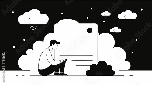 A stark black and white page allowing the writer to focus on thoughts and feelings without any distractions.. Vector illustration