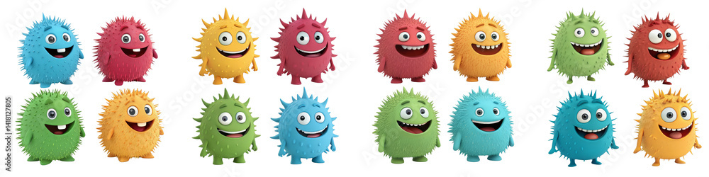 12 Colorful Spiky Monsters Cartoon Characters, 3D Rendering, Isolated on Transparent Background, Fun, Cute, Monsters, Cartoon, 3D 12 Colorful Spiky Monsters Cartoon Characters, 3D Rendering, Isolated on Transparent Background, Fun, Cute, Monsters, Cartoon, 3D
