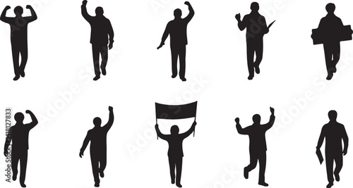 Collection of Silhouettes of People Holding Flags, Raising Arms in Victory, and Walking