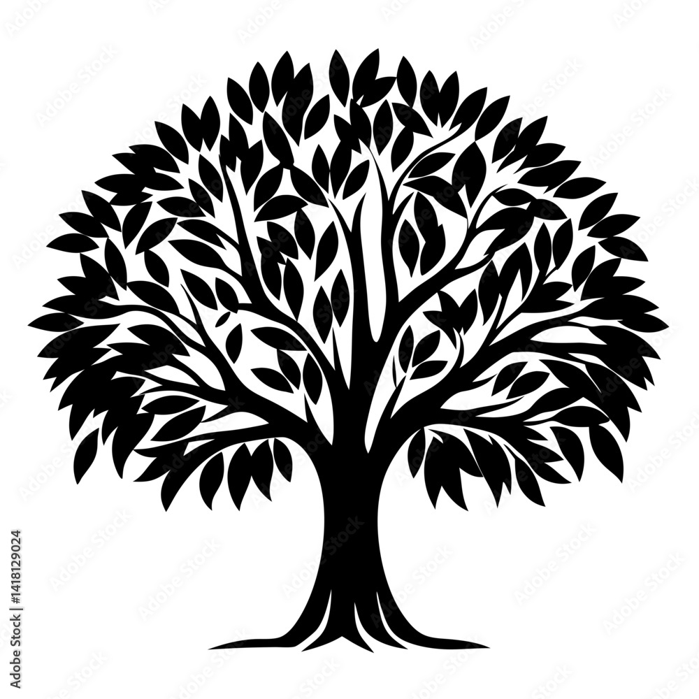 Obraz premium Bold Black and White Tree Silhouette with Lush Leaves and Branches
