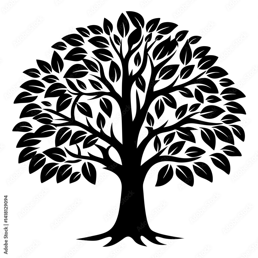 Obraz premium Stylized Black Tree Silhouette with Dense Leaf Canopy Illustration Design