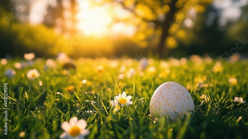 Colorful eggs in meadow