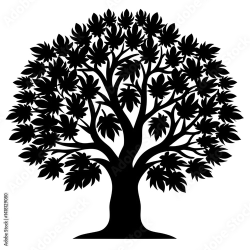 Black silhouette of a majestic tree with leafy branches and lush foliage