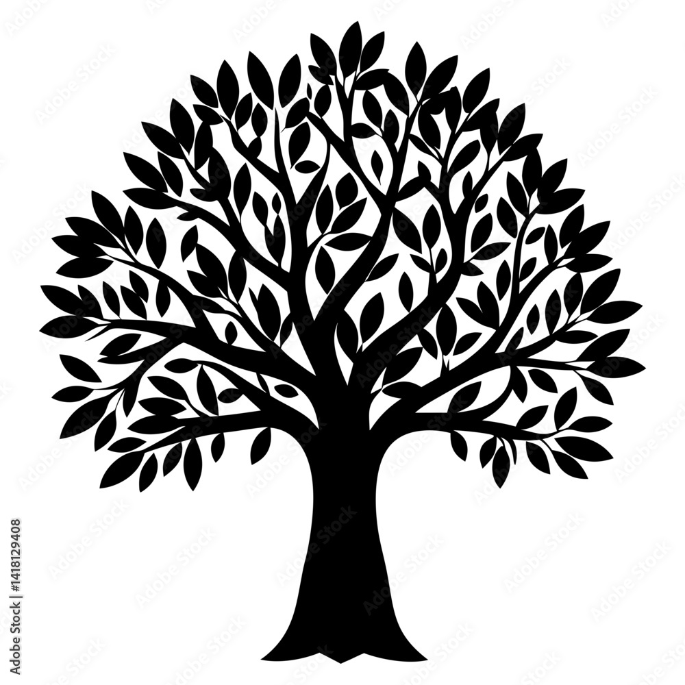 Obraz premium Symmetrical Black Tree with Leaves, Branches, Trunk in Silhouette against White