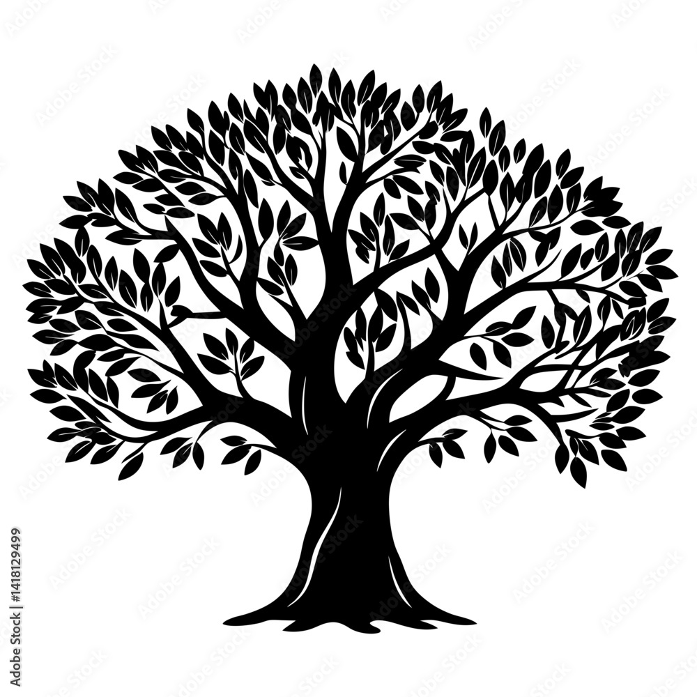 Fototapeta premium Silhouette of a leafy tree with a broad crown and sturdy trunk