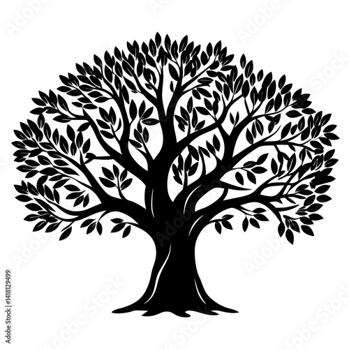 Silhouette of a leafy tree with a broad crown and sturdy trunk