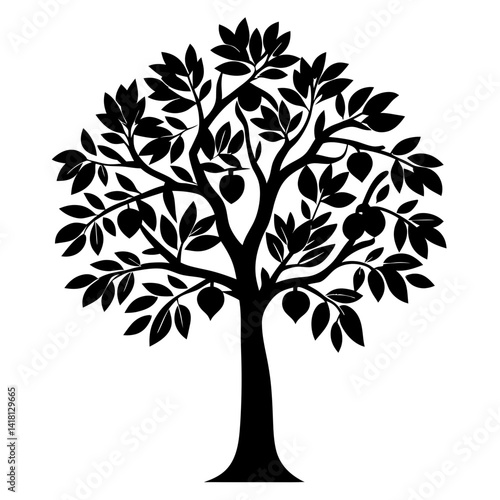 Simple vector tree silhouette full of fruit in a flat illustration