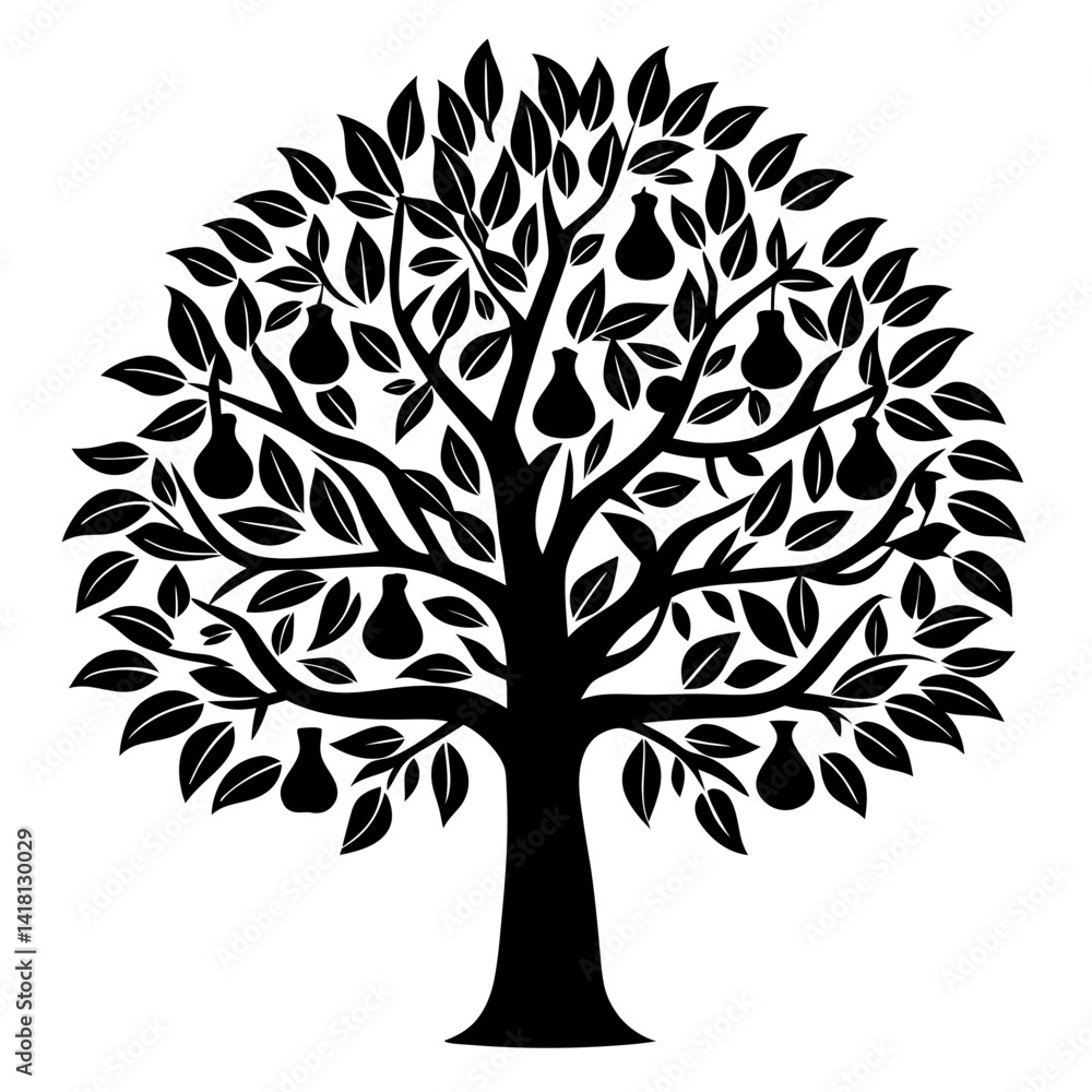 Silhouette of a bountiful pear tree with lush leaves and ripe fruit Silhouette of a bountiful pear tree with lush leaves and ripe fruit