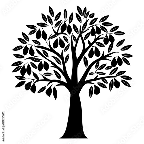 A silhouette of a tree with ripe fruit hanging from the branches