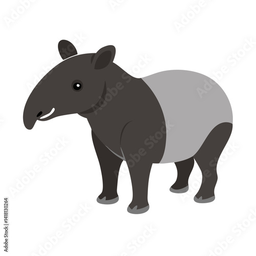 Cartoon Malayan Tapir Illustration on Black Background