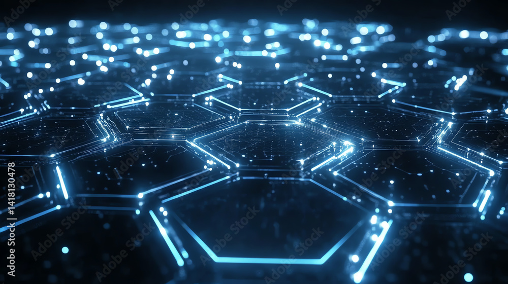 Futuristic glowing hexagon pattern with electric blue edges on a dark background. Perfect for sci-fi interfaces, tech designs, and cyberpunk themes. High-tech and sleek Futuristic glowing hexagon pattern with electric blue edges on a dark background. Perfect for sci-fi interfaces, tech designs, and cyberpunk themes. High-tech and sleek
