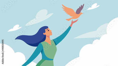 A watercolor painting of a woman releasing a bird into the sky representing the freedom and liberation that comes with having hope.. Vector illustration