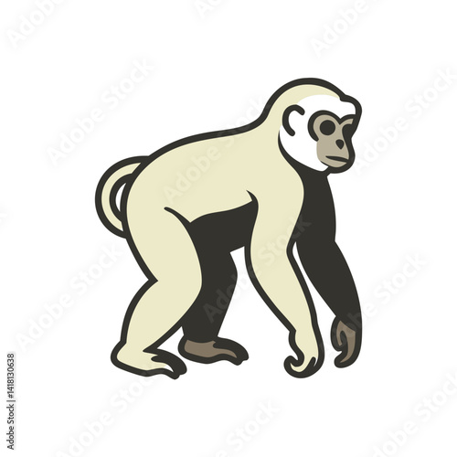 Cartooned Silvery Gibbon Ape Walking Isolated on Black
