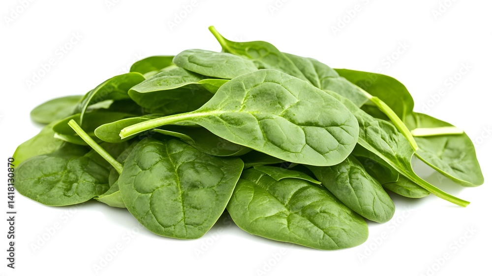 Obraz premium A pile of fresh, vibrant green spinach leaves isolated on a white background. Perfect for healthy eating and recipe visuals.