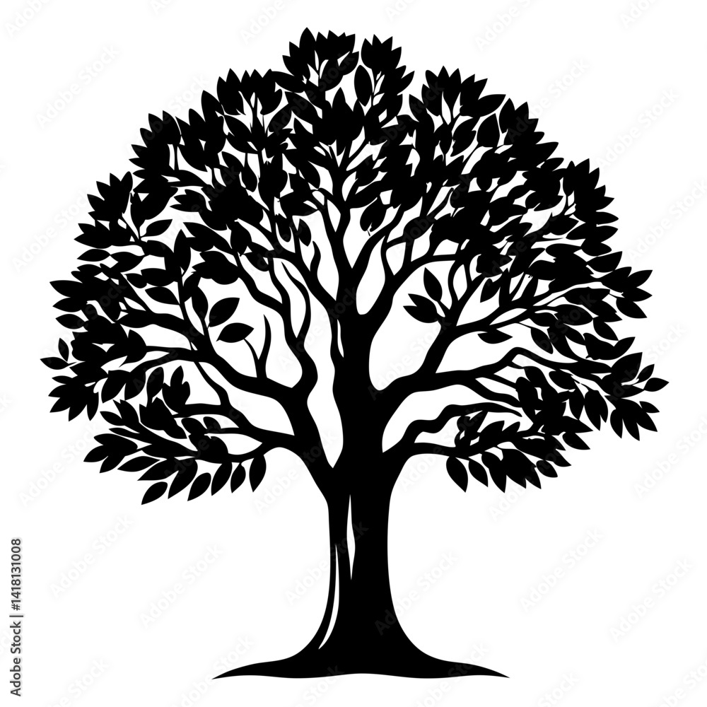 Obraz premium Silhouette of a Lush Tree with Dense Foliage Against White Backdrop