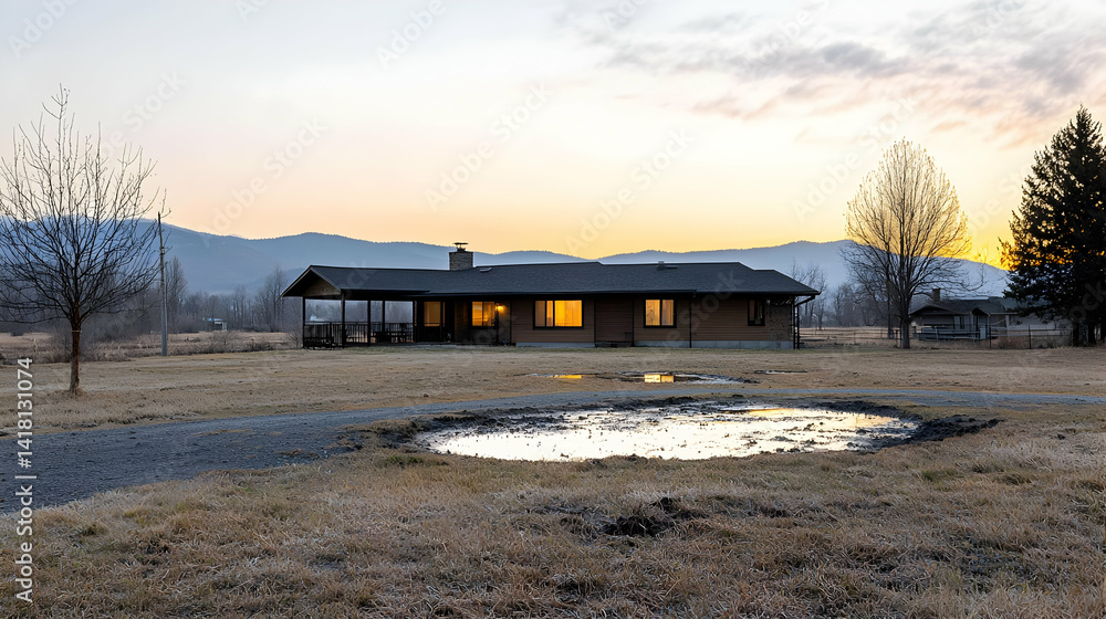 Fototapeta premium Rustic Farmhouse at Sunrise in Rural Landscape